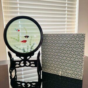 Vintage Asian Goldfish Bowl Reverse Painted Glass Art w/ Wood Stand & Box